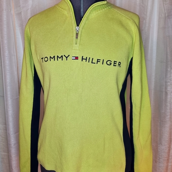 Tommy Hilfiger Mens Logo French Rib Quarter-Zip Green Cotton Sweater Size XL - Picture 2 of 10